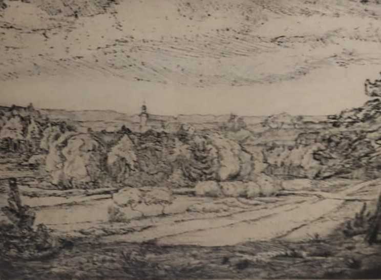 So hat Else Hertzer den Fläming gesehen und eine großformatige Grafik (Kaltnadelradierung, Drickplatte: 31x39,5 cm, Außenmaß:46,5x56,5 cm) geschaffen. Die Kirche im Hintergrund dürfte die von Dobien sein.